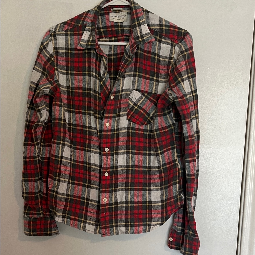 Ralph Lauren Red and Grey Plaid Button Up Shirt Flannel Long Sleeve Medium